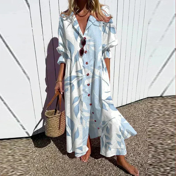 Sanne | Women's Linen Abstract Print V-Neck Maxi Dress