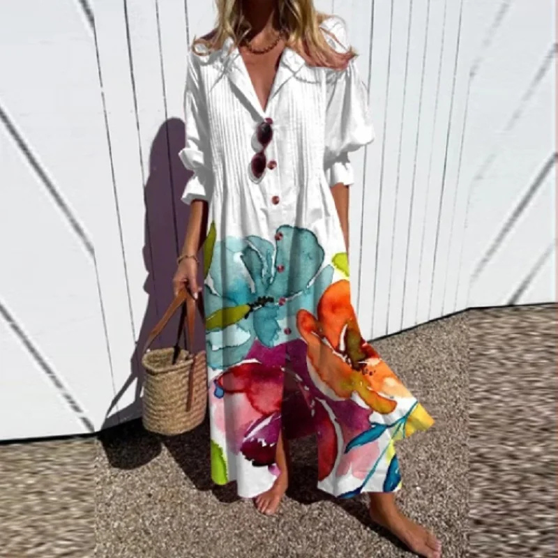 Sanne | Women's Linen Abstract Print V-Neck Maxi Dress
