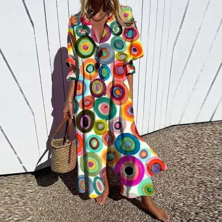 Sanne | Women's Linen Abstract Print V-Neck Maxi Dress