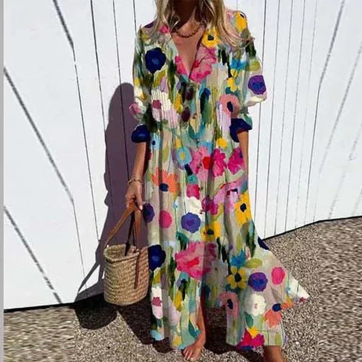 Sanne | Women's Linen Abstract Print V-Neck Maxi Dress