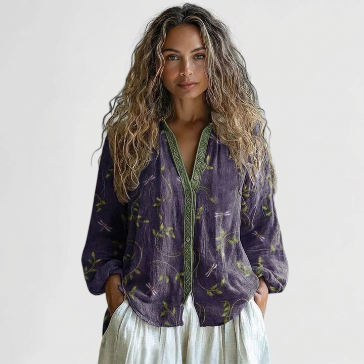 Sanne | Women's Linen Floral Embroidered Button-Down Blouse