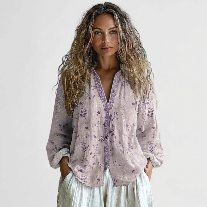 Sanne | Women's Linen Floral Embroidered Button-Down Blouse