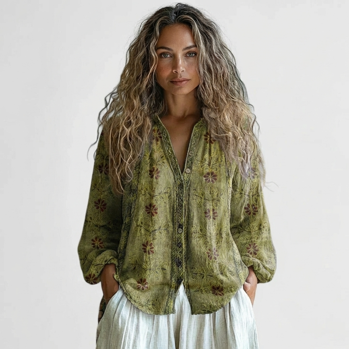 Sanne | Women's Linen Floral Embroidered Button-Down Blouse