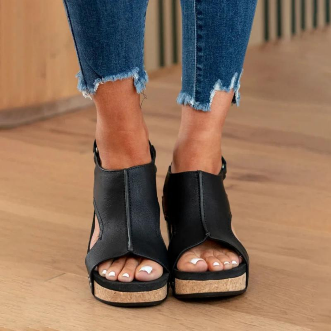 Sanne | Women's Suede Cork Wedge Open Toe Slingback Sandals