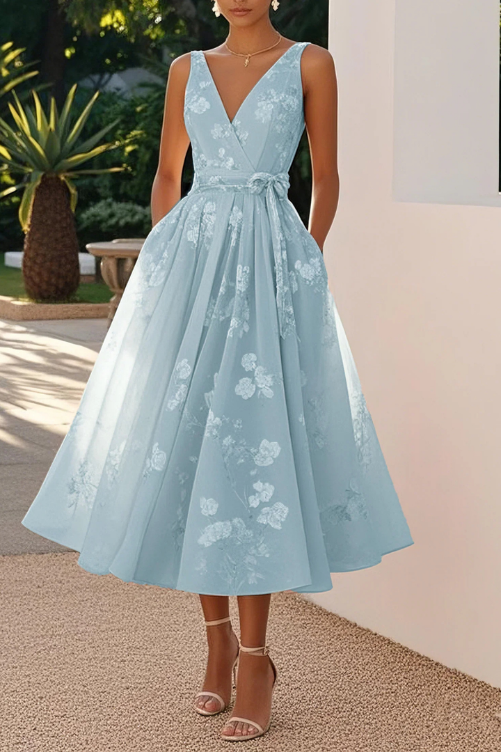 Seraphine | Women's Chiffon Floral V-Neck A-Line Midi Cocktail Dress