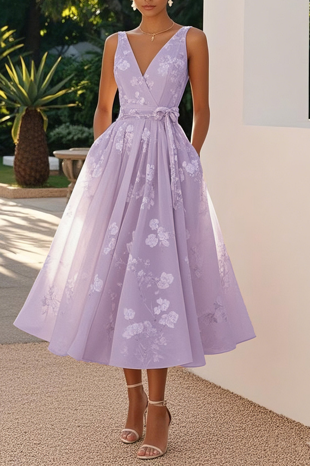 Seraphine | Women's Chiffon Floral V-Neck A-Line Midi Cocktail Dress