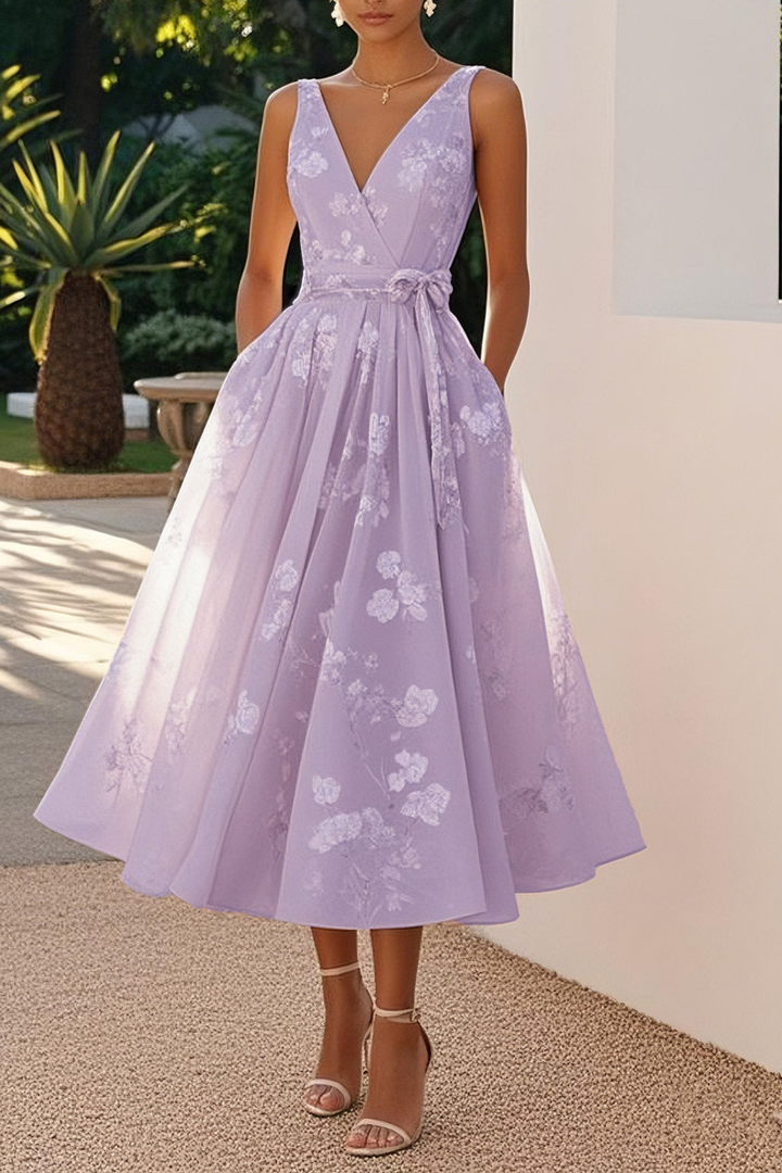 Seraphine | Women's Chiffon Floral V-Neck A-Line Midi Cocktail Dress