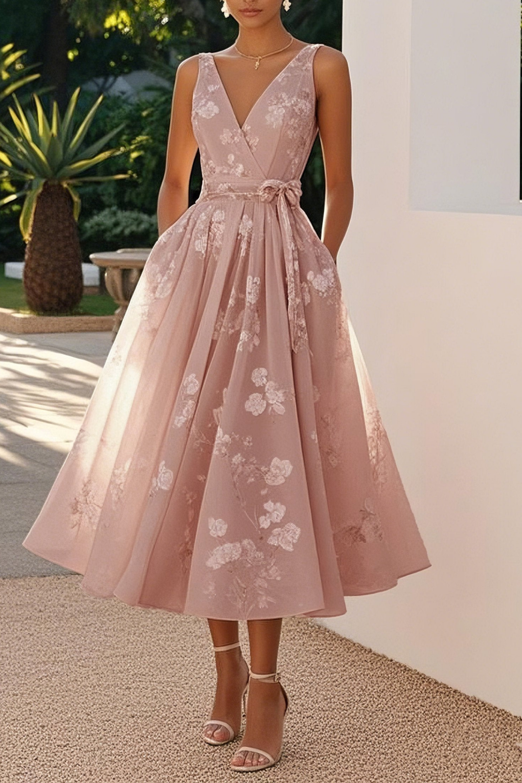 Seraphine | Women's Chiffon Floral V-Neck A-Line Midi Cocktail Dress