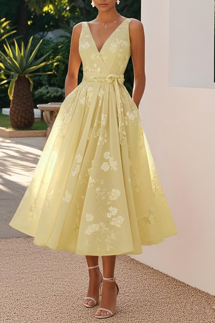 Seraphine | Women's Chiffon Floral V-Neck A-Line Midi Cocktail Dress