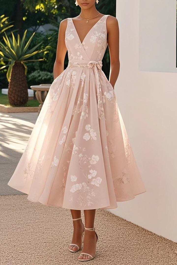 Seraphine | Women's Chiffon Floral V-Neck A-Line Midi Cocktail Dress