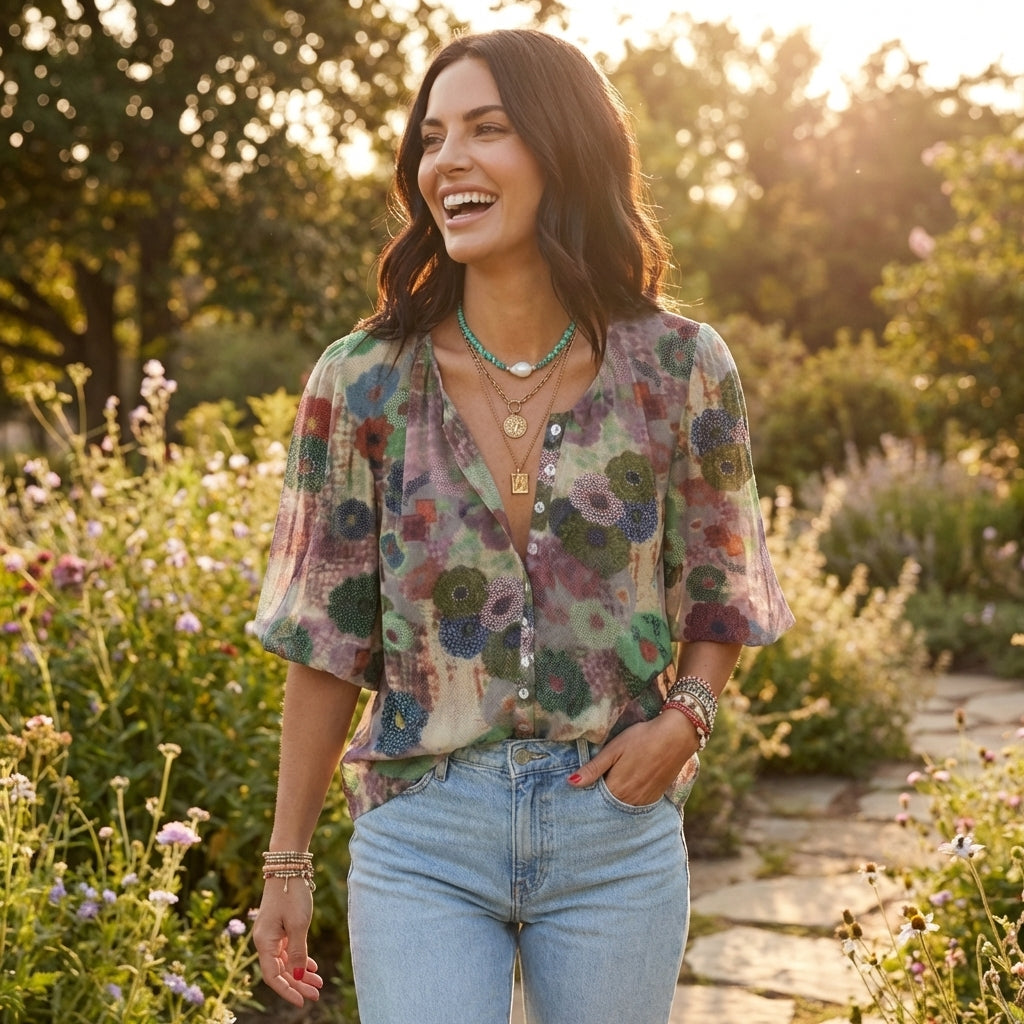 Sienna | Women's Chiffon Bold Floral Button-Down Blouse