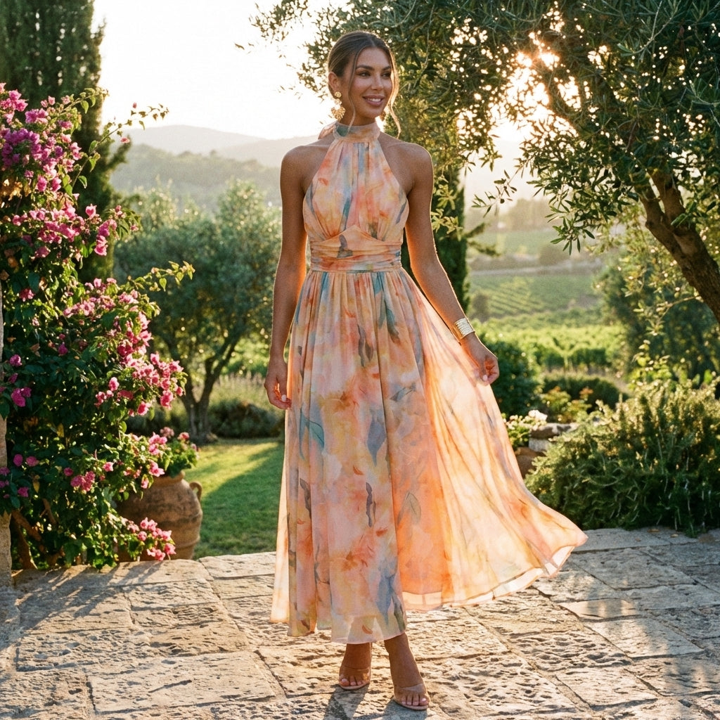 Sienna | Women's Chiffon Floral Halterneck Wrap Midi Dress