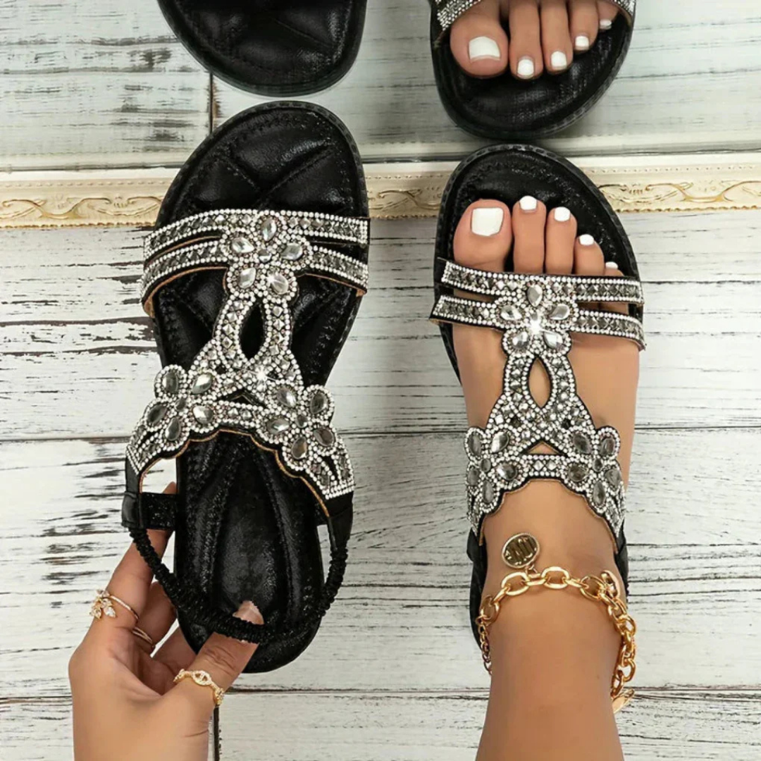 Sienna | Women's Leather Rhinestone Embellished Flat Sandals