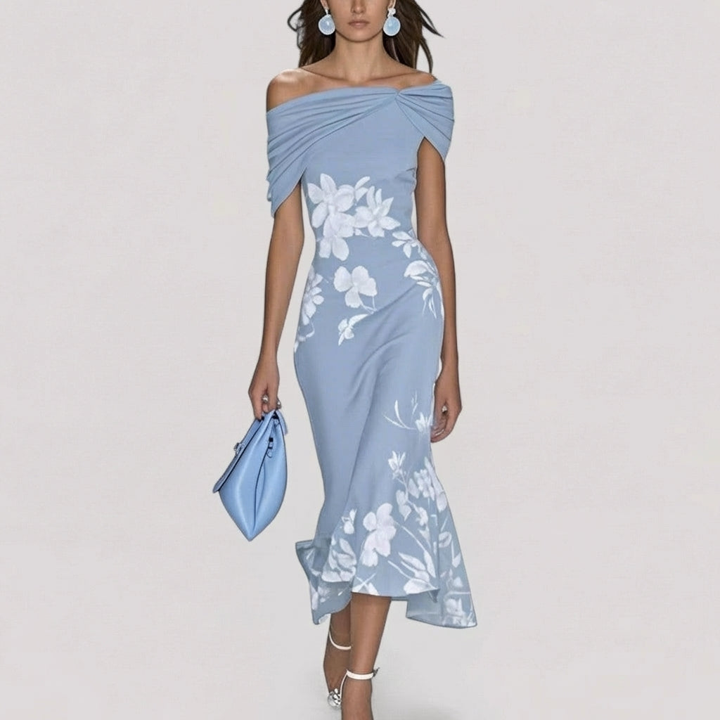 Sienna | Women's Satin Floral Off-Shoulder Twist Midi Dress