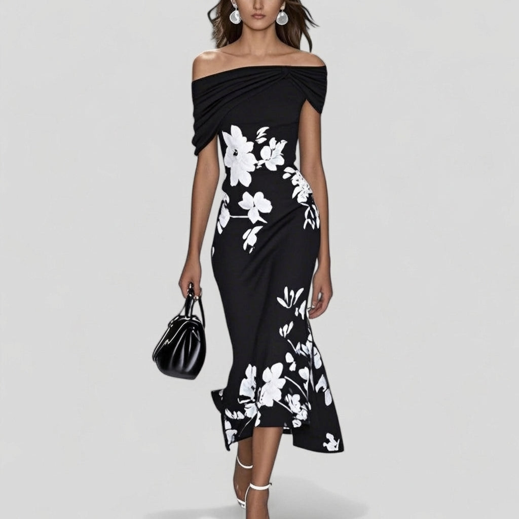 Sienna | Women's Satin Floral Off-Shoulder Twist Midi Dress