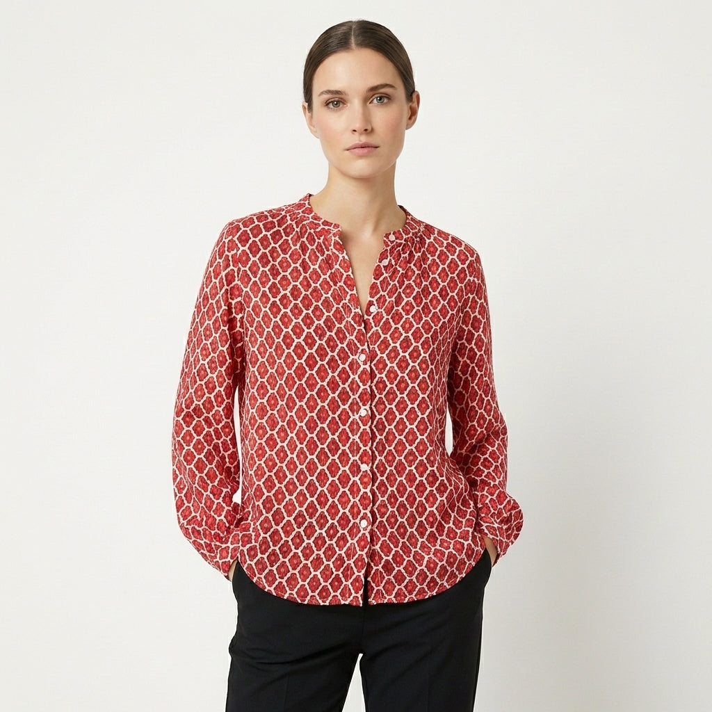 Sienna | Women's Satin Geometric Print Ruffle Neck Button Blouse