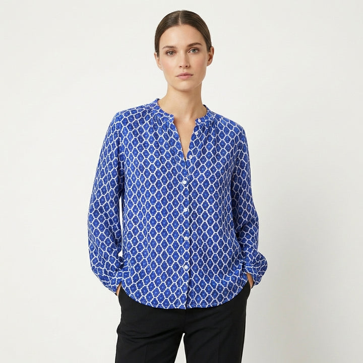 Sienna | Women's Satin Geometric Print Ruffle Neck Button Blouse