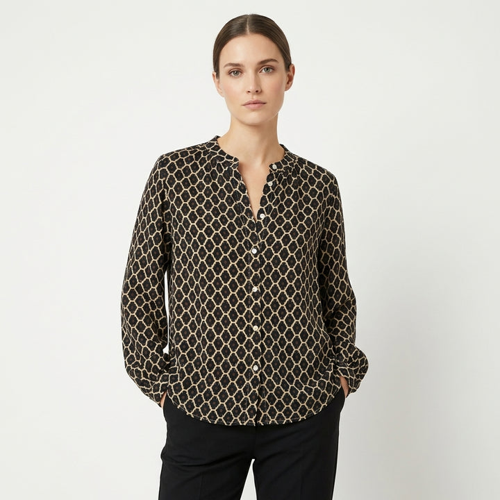 Sienna | Women's Satin Geometric Print Ruffle Neck Button Blouse