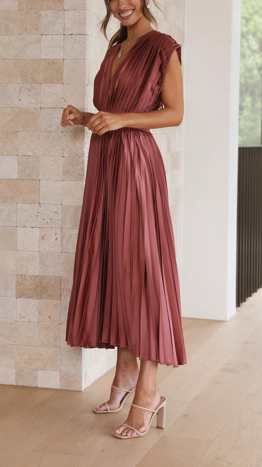 Sienna | Women's Satin Pleated V-Neck Midi Dress Elegant