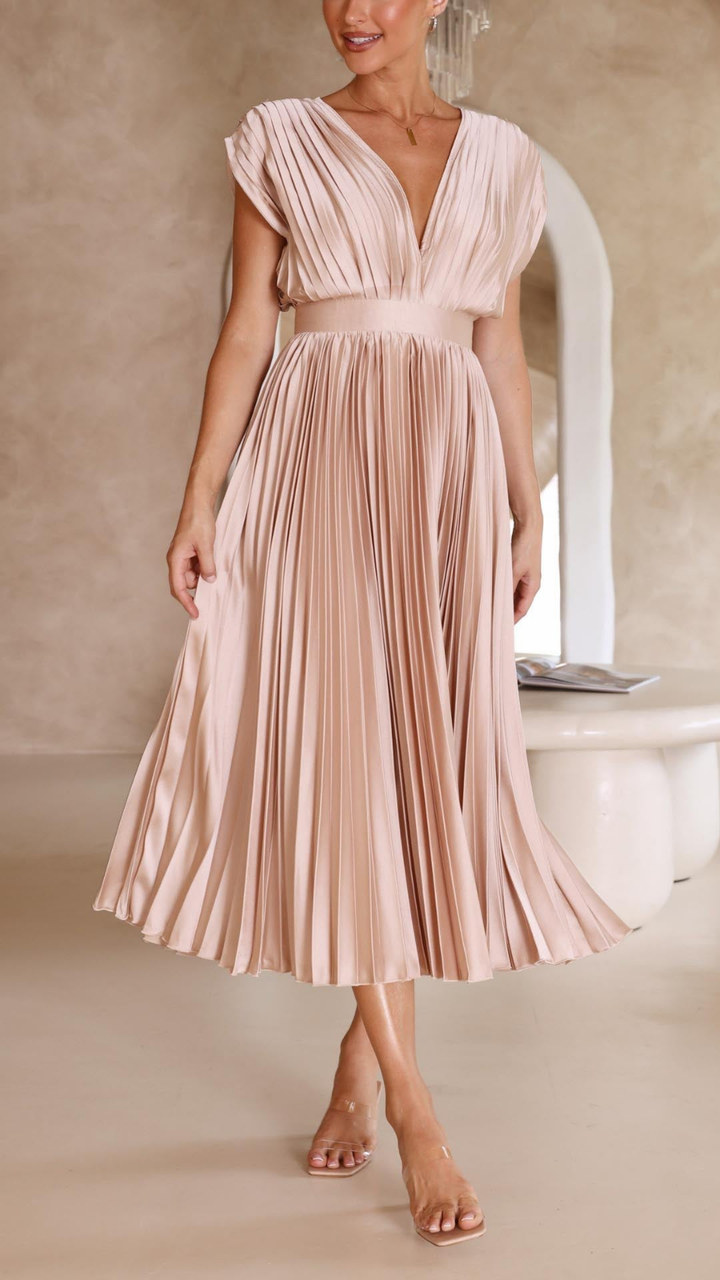 Sienna | Women's Satin Pleated V-Neck Midi Dress Elegant