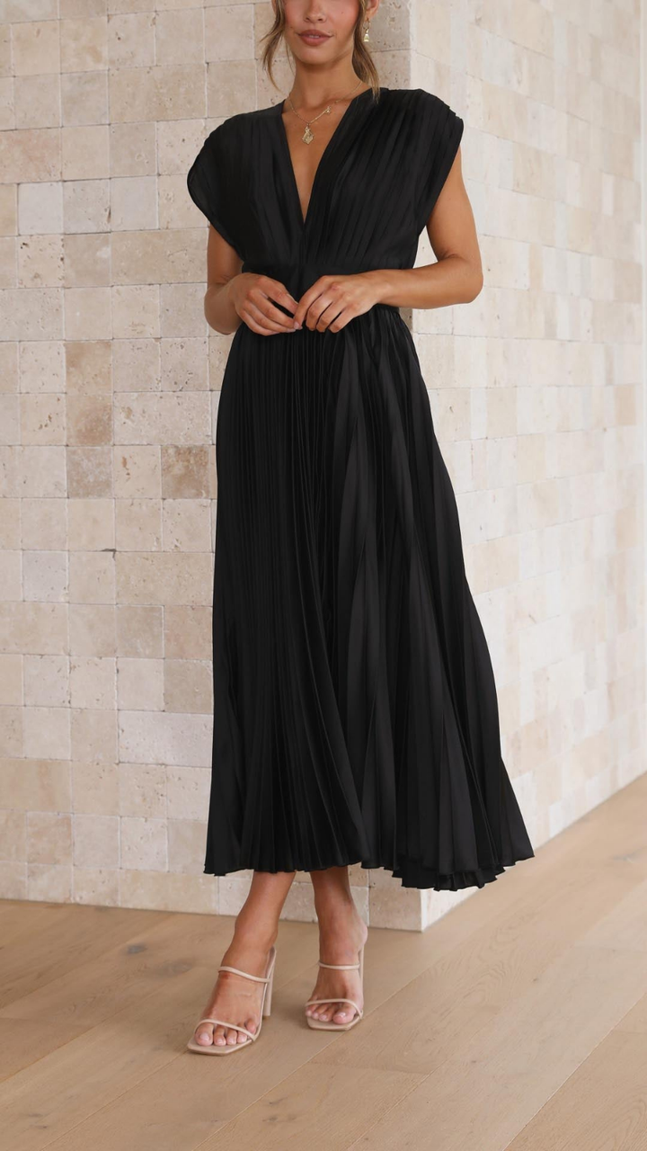 Sienna | Women's Satin Pleated V-Neck Midi Dress Elegant