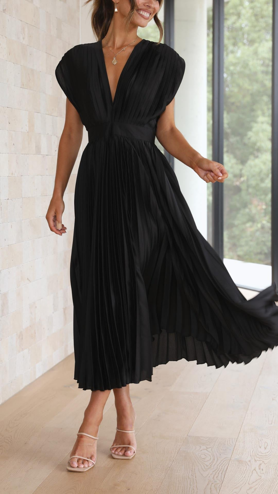 Sienna | Women's Satin Pleated V-Neck Midi Dress Elegant