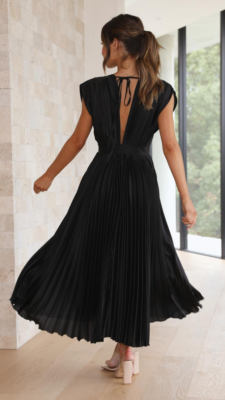 Sienna | Women's Satin Pleated V-Neck Midi Dress Elegant