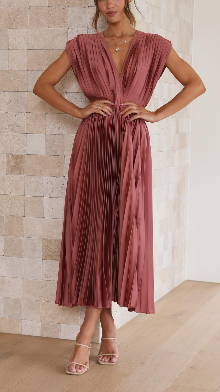 Sienna | Women's Satin Pleated V-Neck Midi Dress Elegant