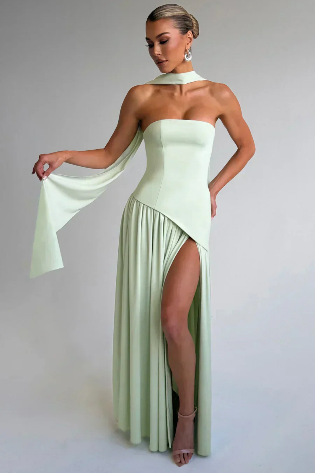Soleil | Women's Stretch Strapless High Slit Maxi Wedding Guest Dress