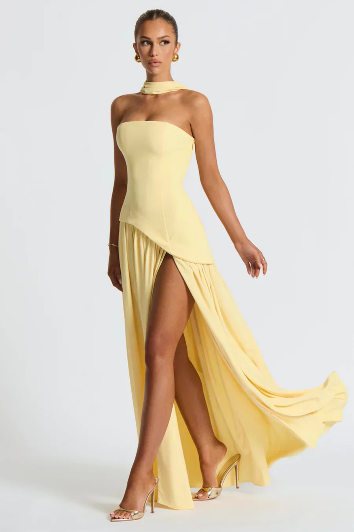 Soleil | Women's Stretch Strapless High Slit Maxi Wedding Guest Dress