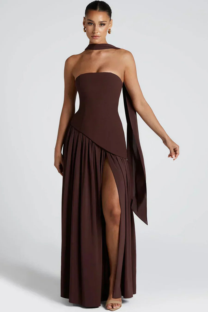 Soleil | Women's Stretch Strapless High Slit Maxi Wedding Guest Dress