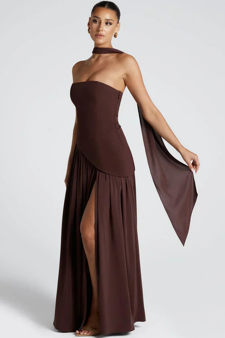 Soleil | Women's Stretch Strapless High Slit Maxi Wedding Guest Dress