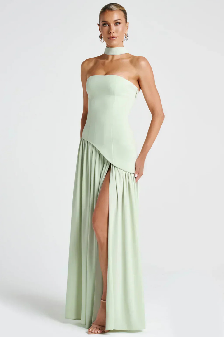 Soleil | Women's Stretch Strapless High Slit Maxi Wedding Guest Dress