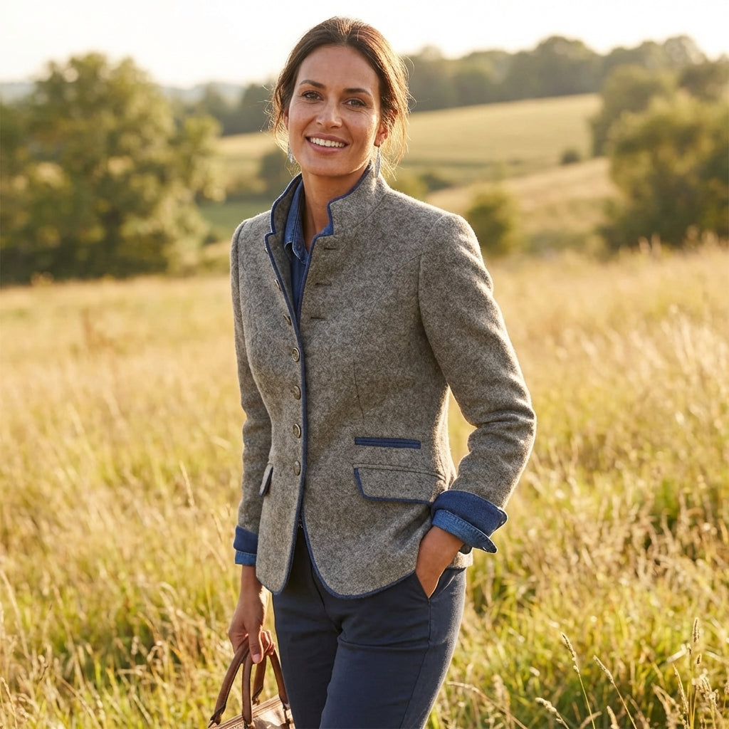 Sutton | Women's Brown Wool Stand Collar Button Blazer