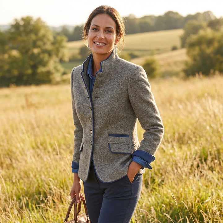 Sutton | Women's Brown Wool Stand Collar Button Blazer