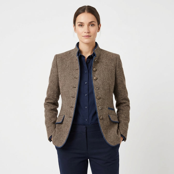 Sutton | Women's Brown Wool Stand Collar Button Blazer