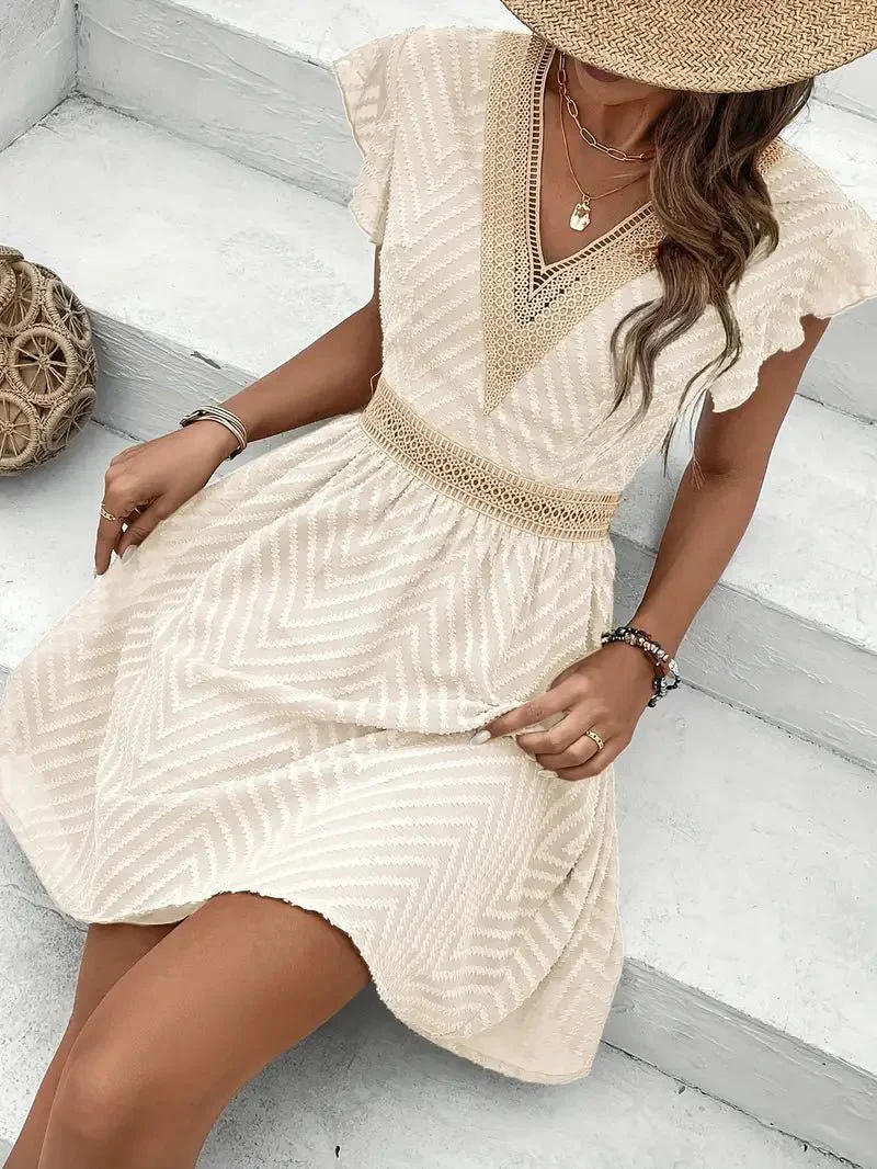 Sutton | Women's Chiffon Lace Trim V-Neck Textured Mini Dress