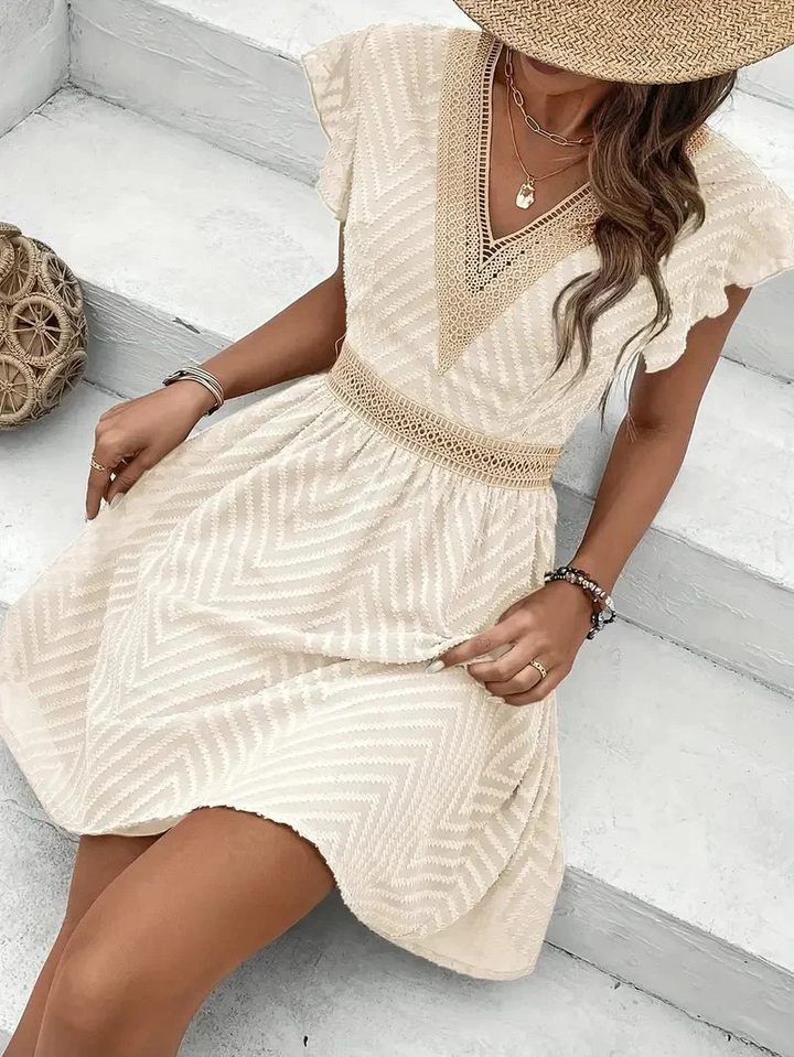 Sutton | Women's Chiffon Lace Trim V-Neck Textured Mini Dress