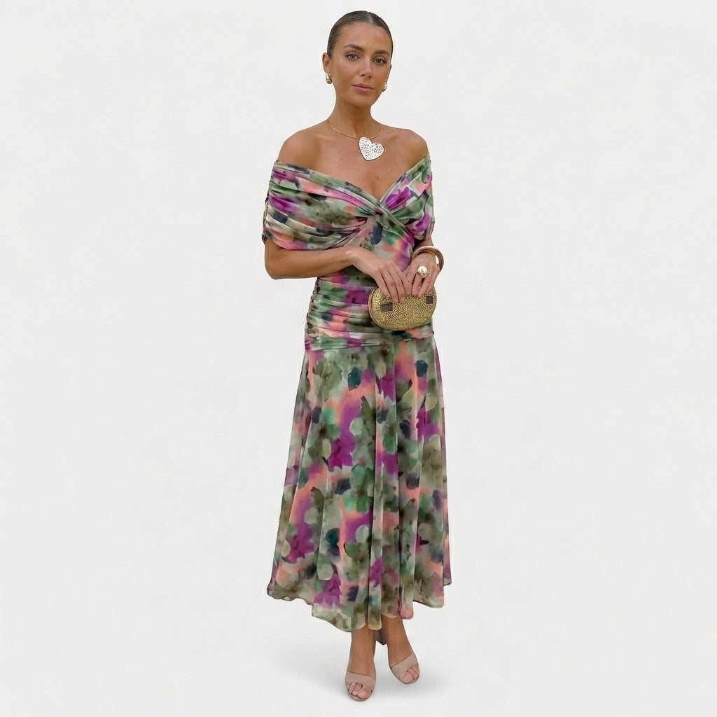Sutton | Women's Chiffon Off-Shoulder Ruched Midi Dress