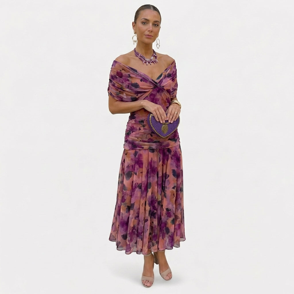 Sutton | Women's Chiffon Off-Shoulder Ruched Midi Dress