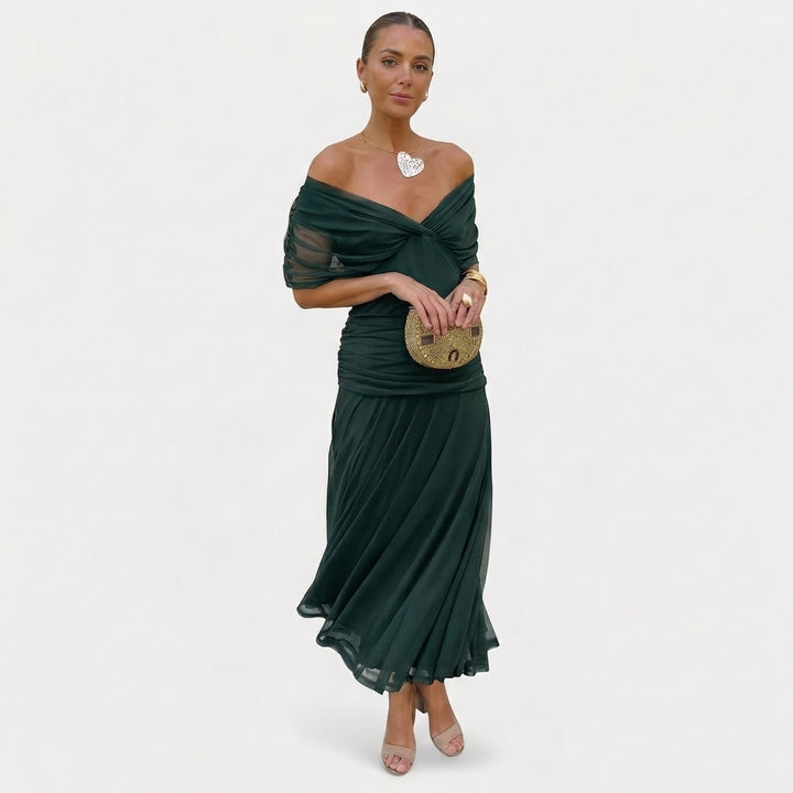 Sutton | Women's Chiffon Off-Shoulder Ruched Midi Dress