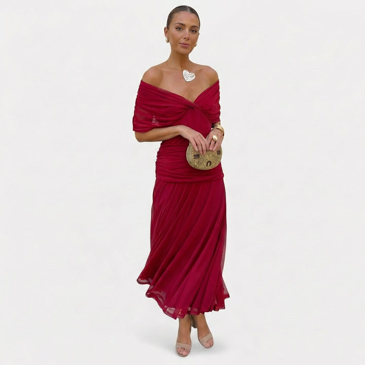 Sutton | Women's Chiffon Off-Shoulder Ruched Midi Dress