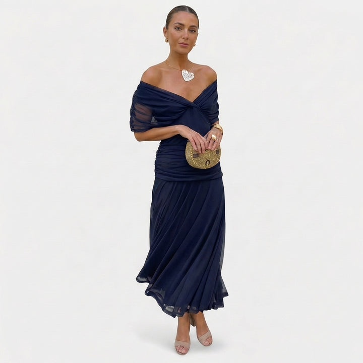 Sutton | Women's Chiffon Off-Shoulder Ruched Midi Dress