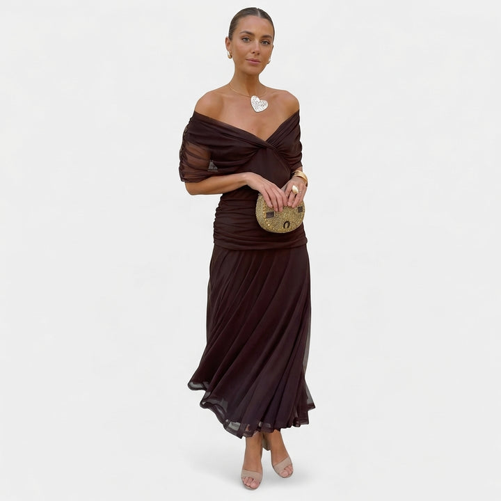 Sutton | Women's Chiffon Off-Shoulder Ruched Midi Dress