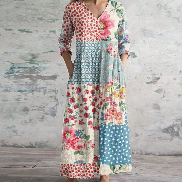 Sutton | Women's Cotton Patchwork Print V-Neck Maxi Dress