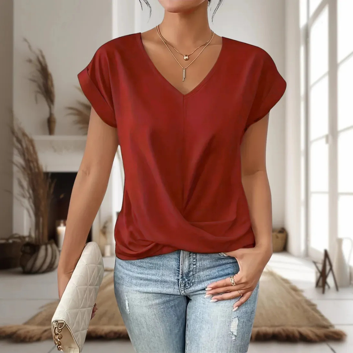 Sutton | Women's Cotton V-Neck Twist-Hem Short Sleeve Top
