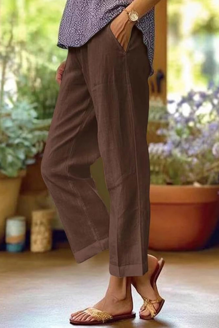 Sutton | Women's Linen Cropped Tapered Trousers with Turn-Up Cuffs