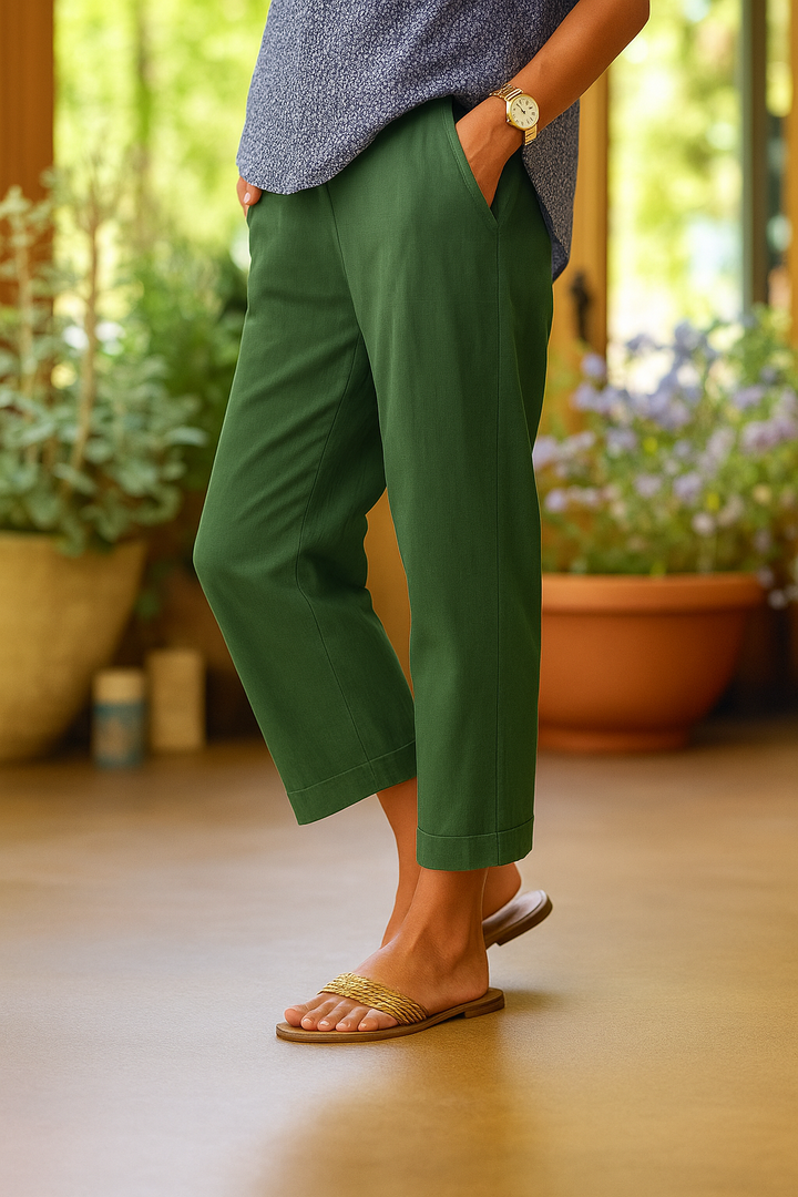 Sutton | Women's Linen Cropped Tapered Trousers with Turn-Up Cuffs