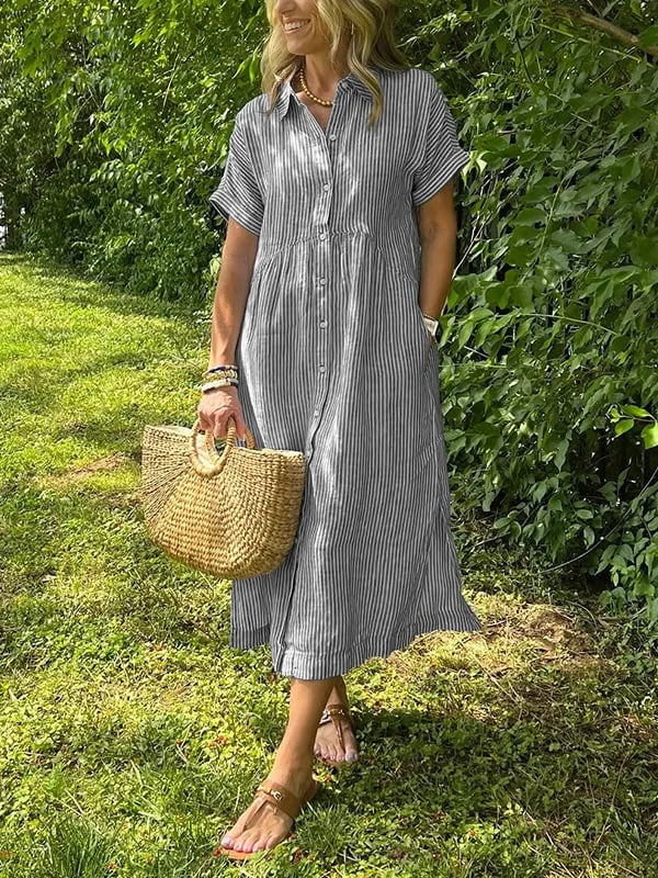 Sutton | Women's Linen Striped Button-Down Midi Shirt Dress