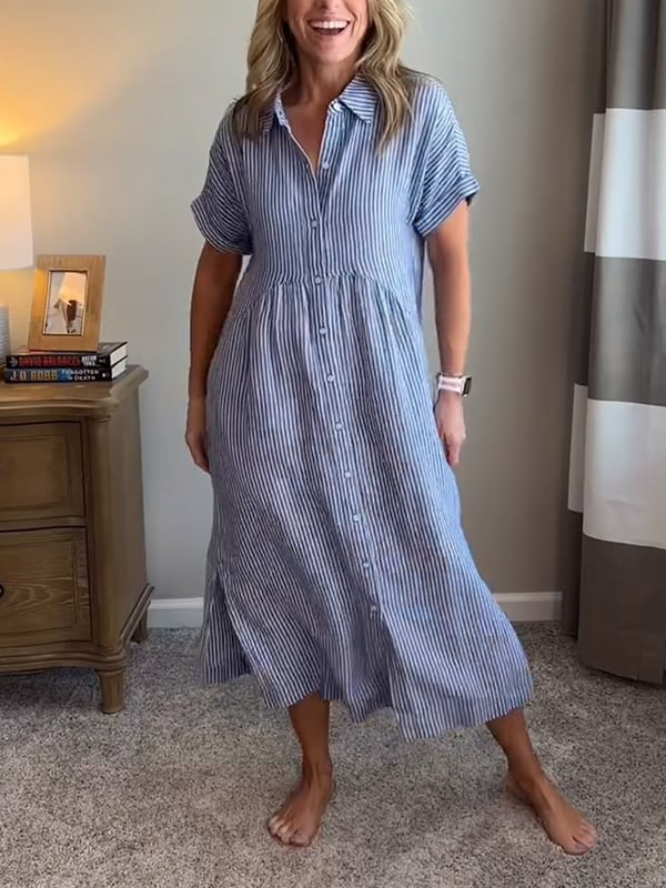 Sutton | Women's Linen Striped Button-Down Midi Shirt Dress